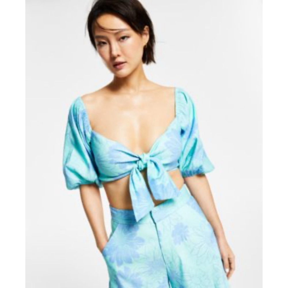 Women's LEYDEN Mint Green & Light Blue Floral Crop Top, Size L